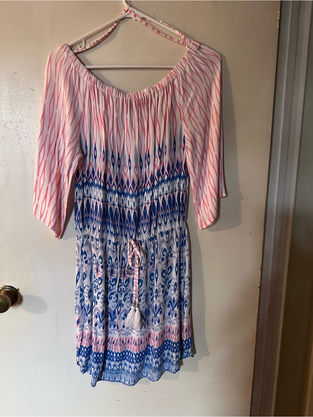 Spia Gidolce Boho Off-Shoulder Pink and Blue Patterned Women’s Dress